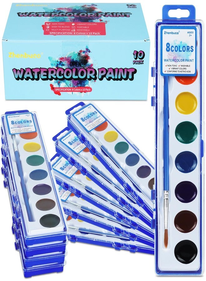Zhenbuco Watercolor Paint Set for Kids - Bulk Pack of 10, 8 Colors Washable Water Color Paints Sets with Paintbrush, Kids Watercolor Paint Set for Coloring, Art, Classrooms and Valentines Paint Supplies - Image 1